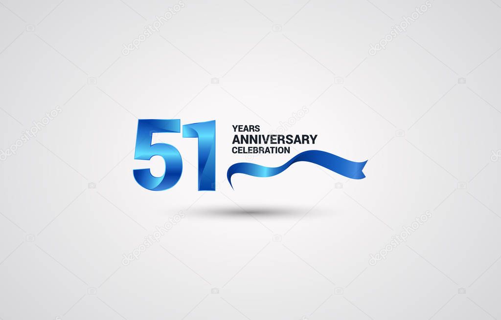 51 Years Anniversary celebration logotype with blue colored ribbon, vector illustration on white background