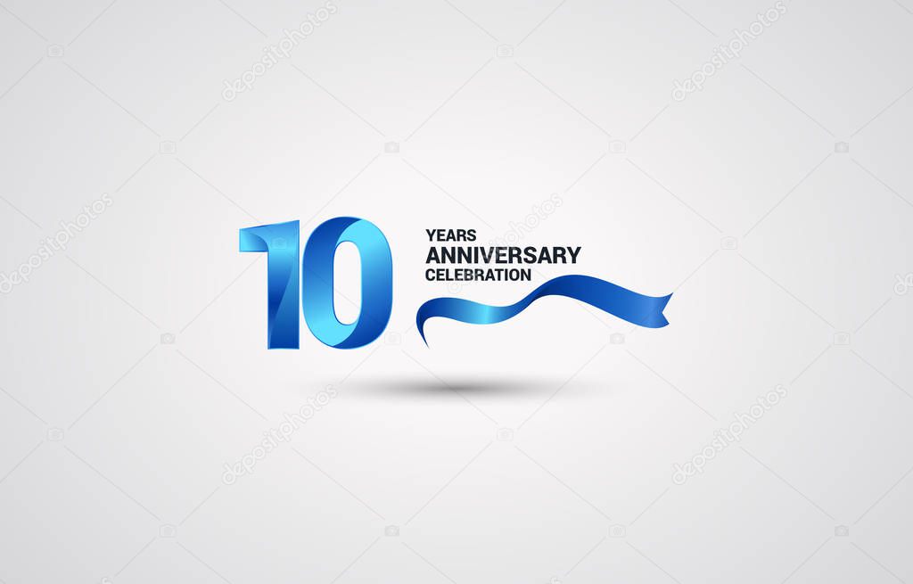10 Years Anniversary celebration logotype with blue colored ribbon, vector illustration on white background