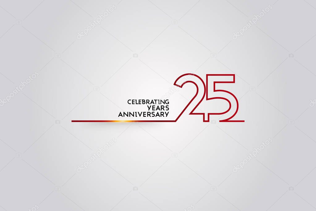 25 Years Anniversary logotype with red colored font numbers made of one connected line, vector illustration isolated on white background for company celebration event, birthday