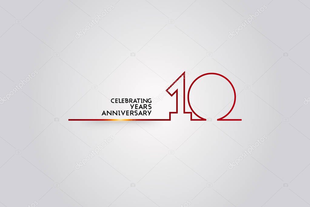 10 Years Anniversary logotype with red colored font numbers made of one connected line, vector illustration isolated on white background for company celebration event, birthday