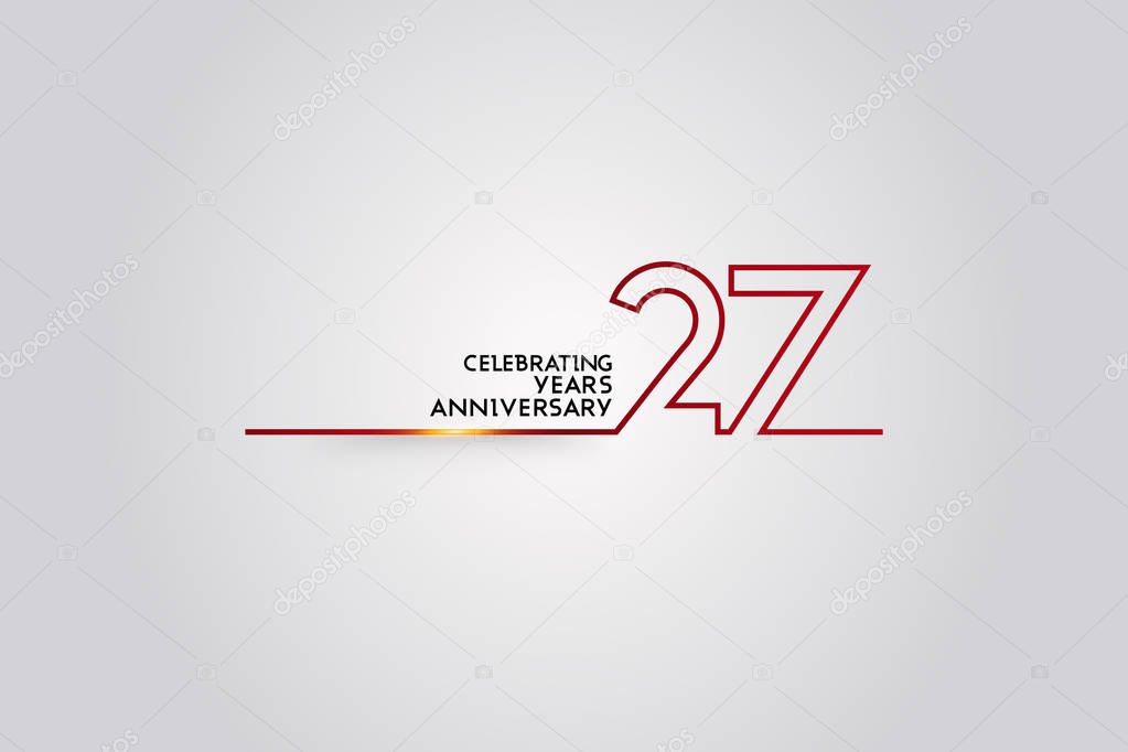 27 Years Anniversary logotype with red colored font numbers made of one connected line, vector illustration isolated on white background for company celebration event, birthday