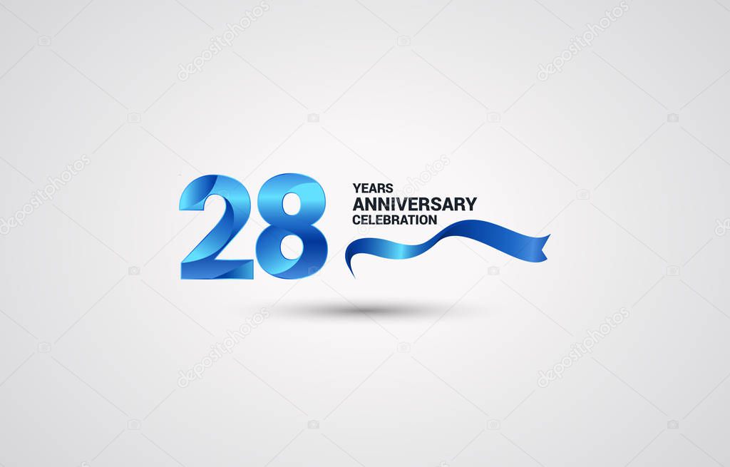 28 Years Anniversary celebration logotype with blue colored ribbon, vector illustration on white background
