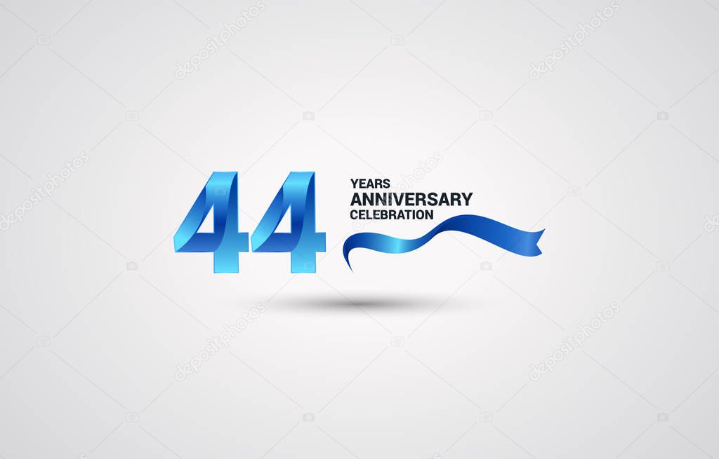 44 Years Anniversary celebration logotype with blue colored ribbon, vector illustration on white background