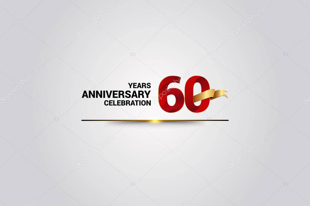 60 Years Anniversary Celebration Logotype. Red Elegant Vector Illustration with Gold Ribbon, Vector Illustration Isolated on White Background 