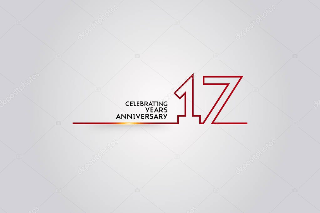17 Years Anniversary logotype with red colored font numbers made of one connected line, vector illustration isolated on white background for company celebration event, birthday