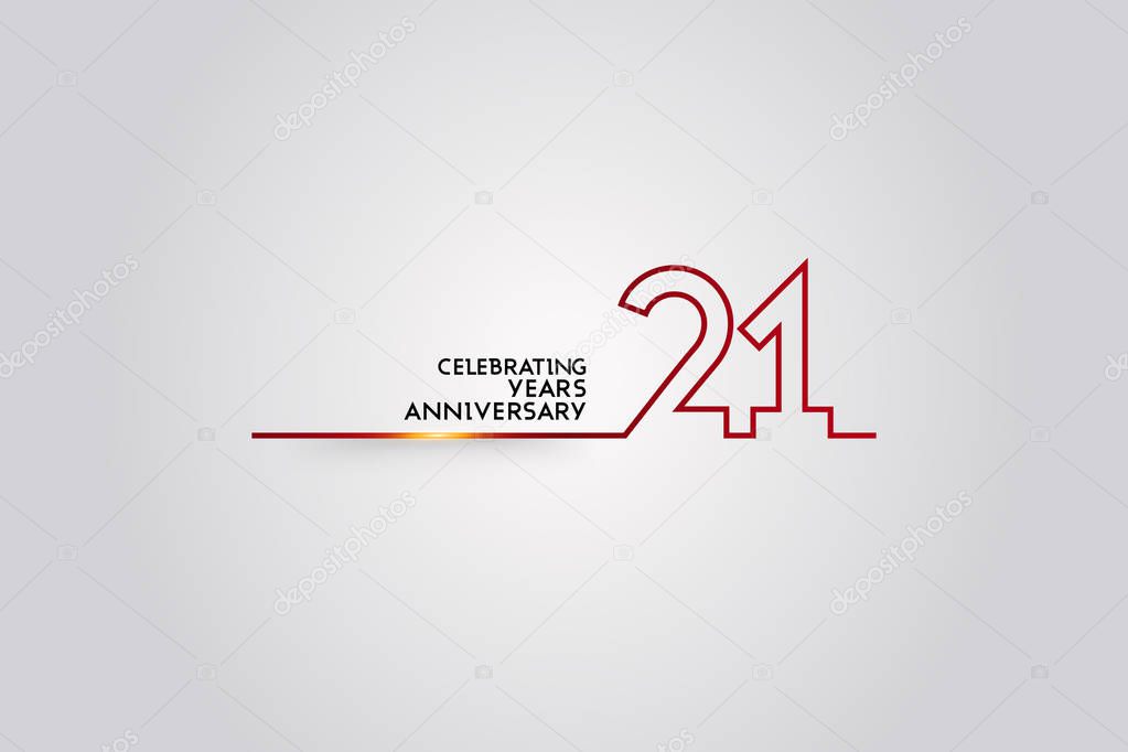 21 Years Anniversary logotype with red colored font numbers made of one connected line, vector illustration isolated on white background for company celebration event, birthday