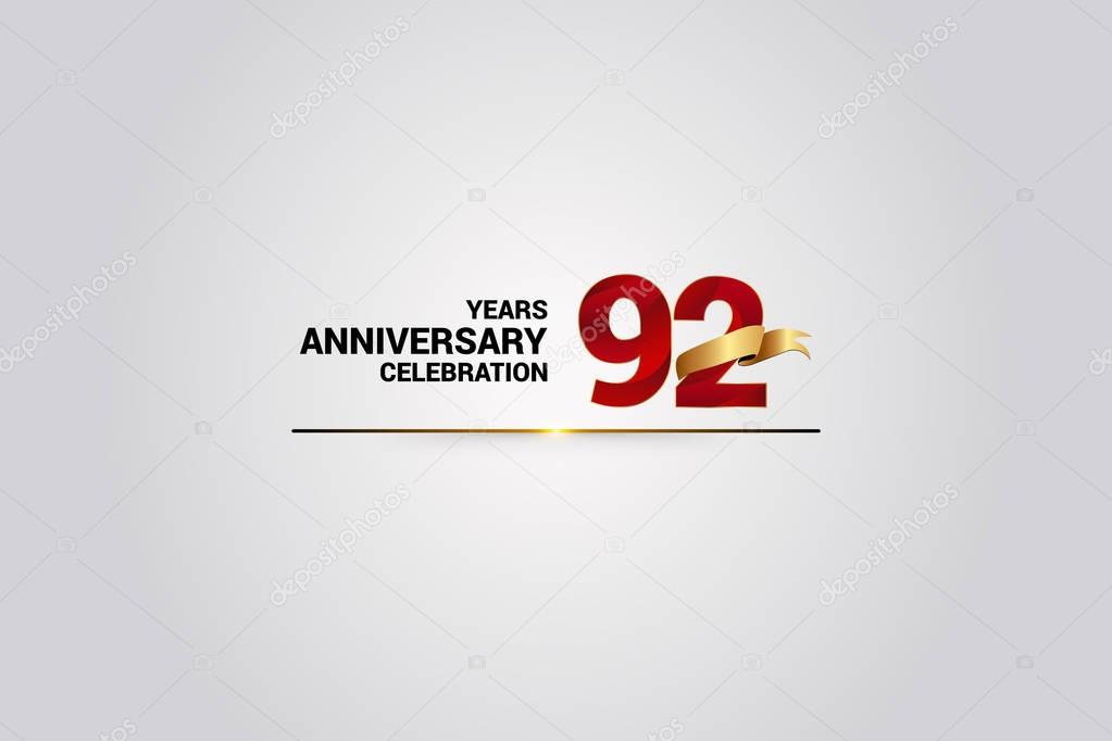 92 Years Anniversary Celebration Logotype. Red Elegant Vector Illustration with Gold Ribbon, Vector Illustration Isolated on White Background 