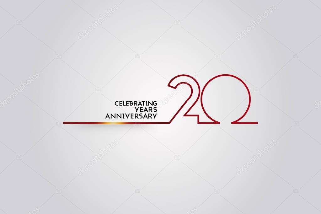 20 Years Anniversary logotype with red colored font numbers made of one connected line, vector illustration isolated on white background for company celebration event, birthday