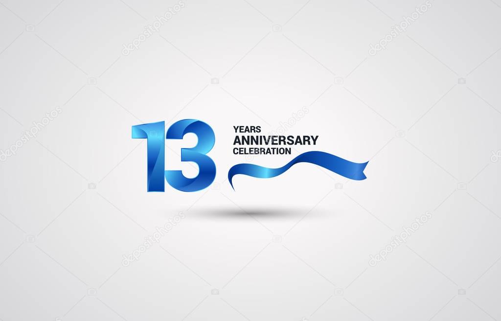 13 Years Anniversary celebration logotype with blue colored ribbon, vector illustration on white background