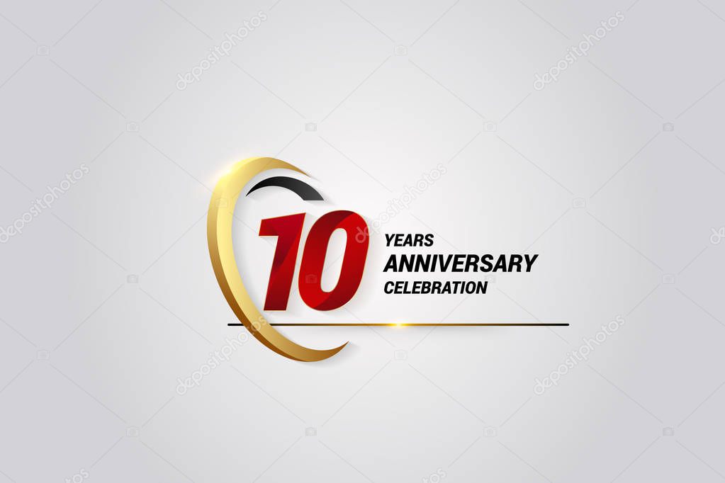 10 Years Anniversary Celebration Logotype. Red Elegant Vector Illustration with Gold Swoosh, Vector Illustration Isolated on White Background 