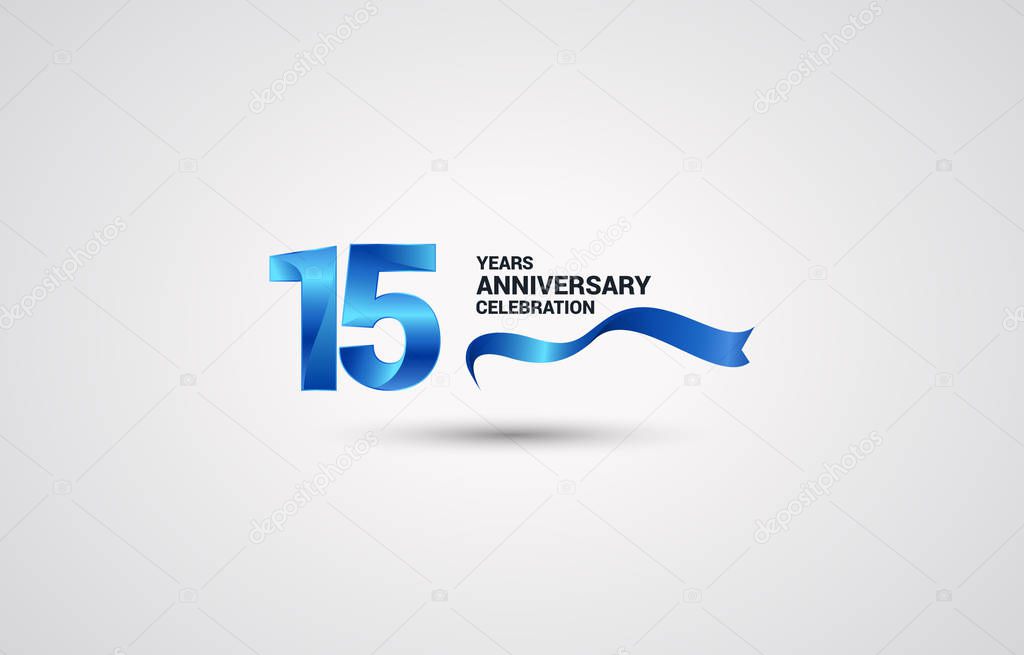 15 Years Anniversary celebration logotype with blue colored ribbon, vector illustration on white background