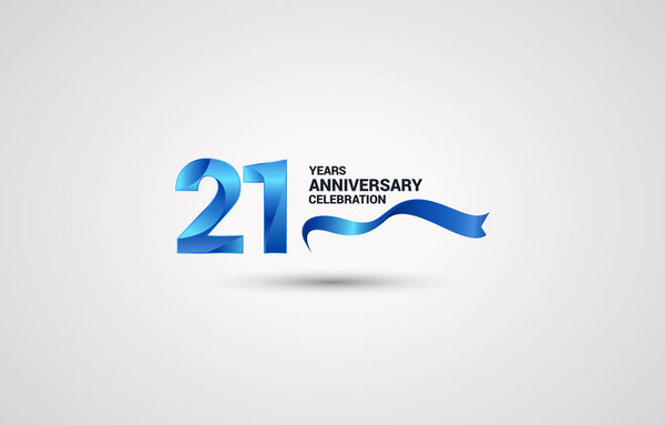 21 Years Anniversary celebration logotype with blue colored ribbon, vector illustration on white background
