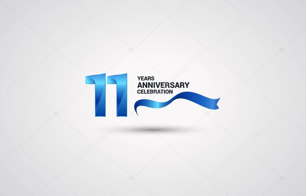 11 Years Anniversary celebration logotype with blue colored ribbon, vector illustration on white background