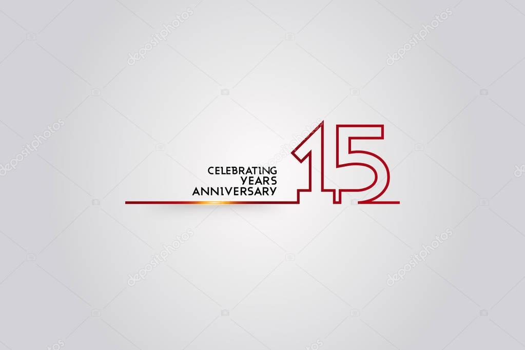 15 Years Anniversary logotype with red colored font numbers made of one connected line, vector illustration isolated on white background for company celebration event, birthday