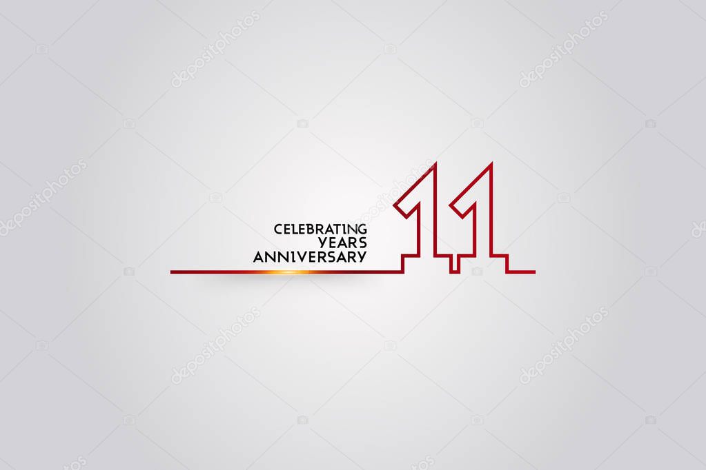 11 Years Anniversary logotype with red colored font numbers made of one connected line, vector illustration isolated on white background for company celebration event, birthday