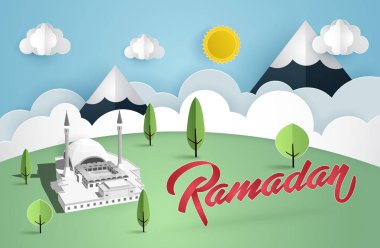 Ramazan Kareem kartı kağıt kesme tasarım tarzı, tebrik kartı veya arka plan illüstrasyon vektör