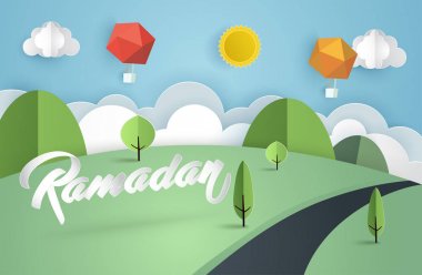 Ramazan Kareem kartı kağıt kesme tasarım tarzı, tebrik kartı veya arka plan illüstrasyon vektör