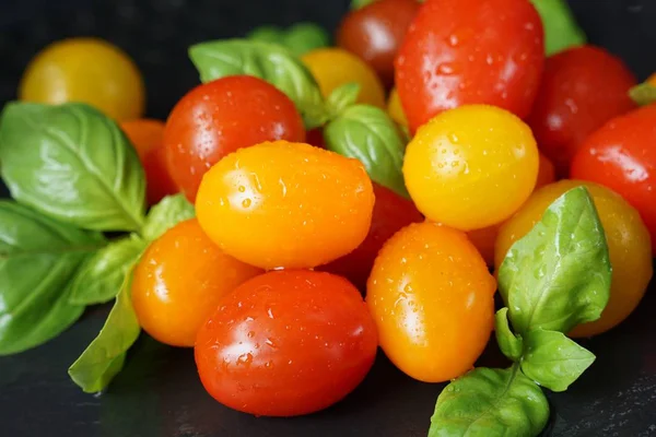 Siyah arka plan üzerine Mozzarella peyniri ile küçük taze domates