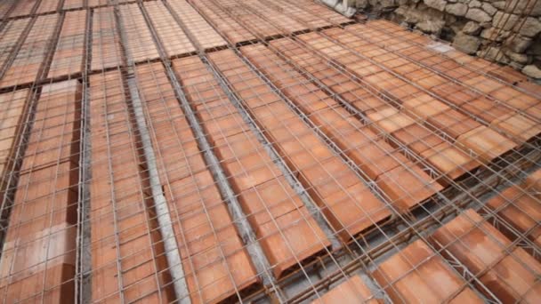 Reinforce iron cage net for built building floor in construction site — Stock Video