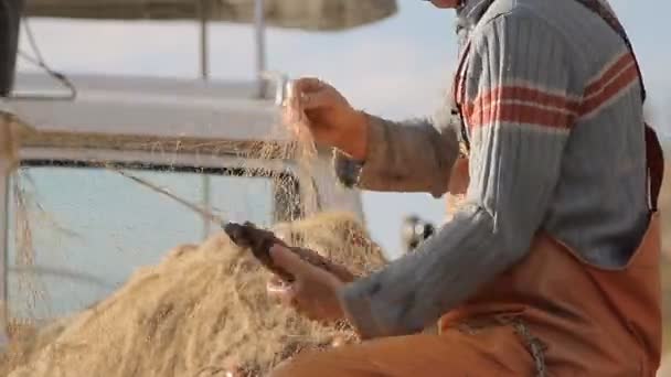 Pescador en barco limpiando el pescado — Vídeos de Stock