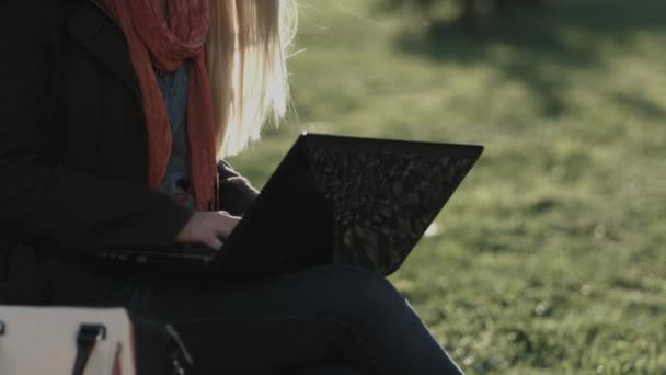 Hermosa chica caucásica trabajando en el ordenador portátil en el parque de la ciudad — Vídeos de Stock