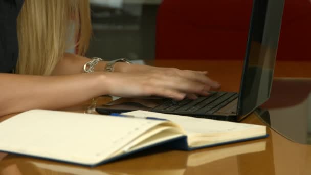 Kobieta pracuje na laptopie i sporządzania notatek w nowoczesnym biurze — Wideo stockowe