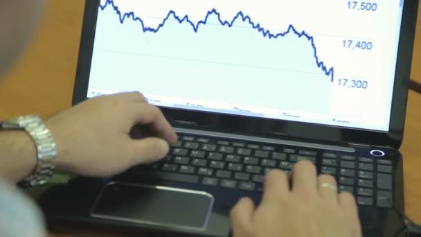 Un joven hombre de negocios que trabaja con una computadora de valores pantallas frente a él . — Vídeo de stock