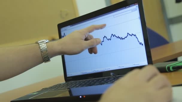 A young businessman working  with a stock computer screens front of him. — Stock Video