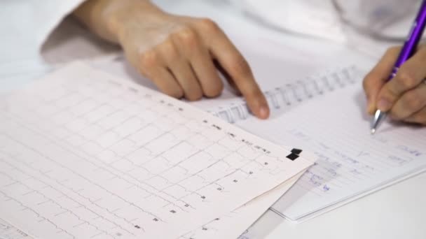 Kvinnliga läkare kontrollera EKG-resultat — Stockvideo