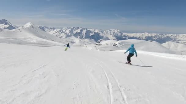 Two Alpine Skiers Going Fast Mountain Slope — Stock Video