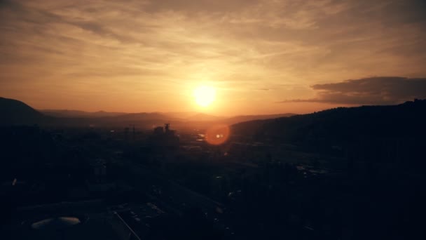 Drone Aéreo Tiro Guindastes Construção Luz Pôr Sol — Vídeo de Stock