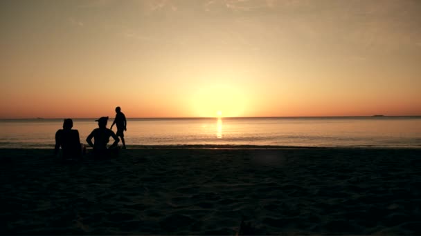 ビーチで夕日を楽しむカップル ビーチで歩く人々 — ストック動画