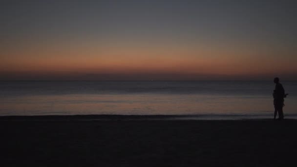 Silhouet Van Wandelende Mensen Langs Het Strand Bij Zonsondergang — Stockvideo