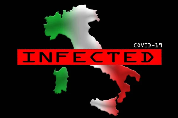 带有国旗颜色和文字感染的意大利国家地图 — 图库照片