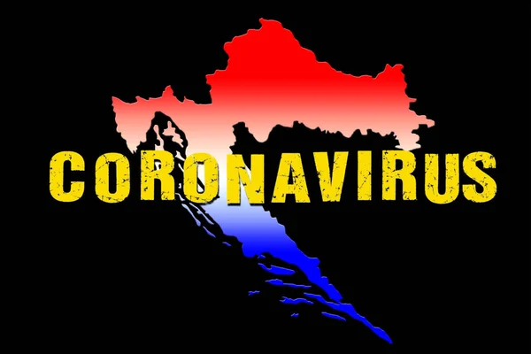带有克罗地亚国旗的科罗纳病毒名称和黑色背景的国家边界图 — 图库照片