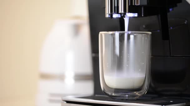 Close Full Process Making Latte Coffee Modern Coffee Machine Poured — Stock Video