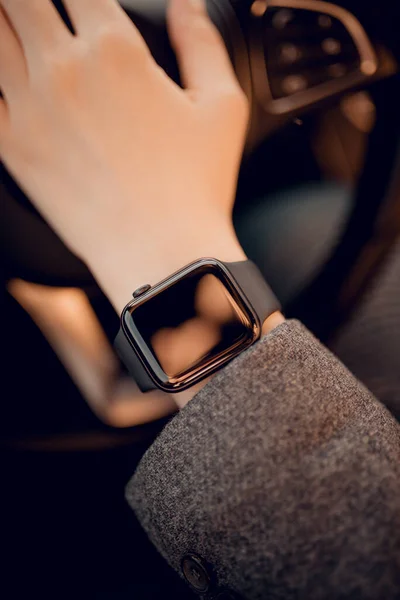 Stylish smart watch on woman hand