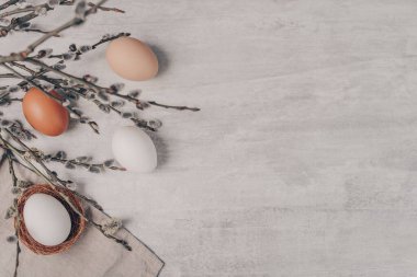 Paskalya yumurtaları ve gri arka planda söğüt dalları