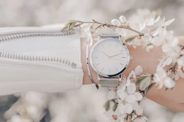 Stylish White Watch Woman Hand — Stock Photo, Image