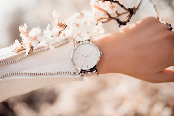 Stylish White Watch Woman Hand — Stock Photo, Image