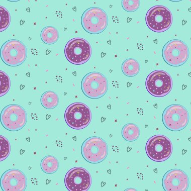 Hipster desen St Valentina'nın gün pembe mavi pembe kremalı donut ile açık mavi renkli ve mavi kalp ve pembe çapraz ve mor damla ile