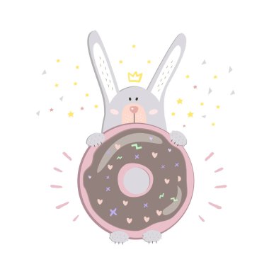 St Valentinas day postcard with cute gray rabbit with pink donut and yellow stars and yellow crown clipart