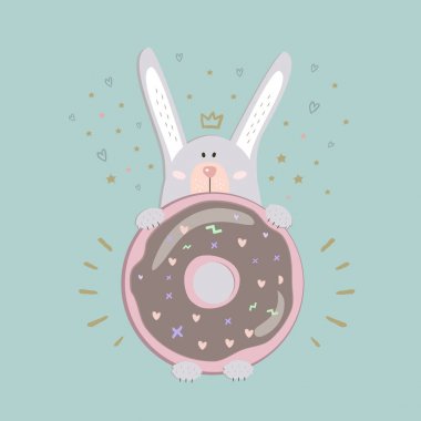 St Valentinas gün kartpostal pembe çörek ve sarı sevimli gri tavşan ile mavi zemin üzerine sarı taç ve mavi kalp yıldız