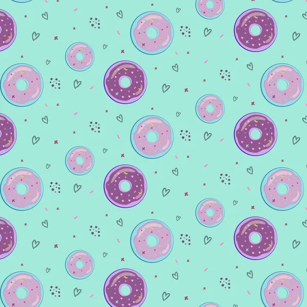 Hipster desen St Valentina'nın gün pembe mavi pembe kremalı donut ile açık mavi renkli ve mavi kalp ve pembe çapraz ve mor damla ile