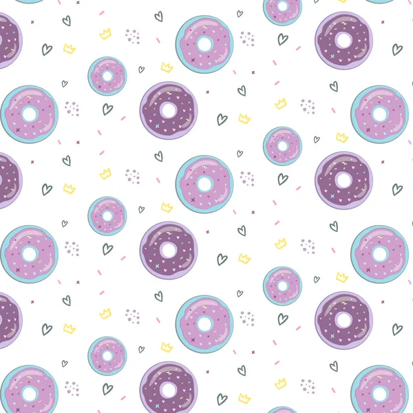 Hipster desen St Valentina'nın gün pembe kremalı donut ile beyaz arka plan ve mavi kalp ve sarı taç ve mor damla ile pembe mavi çörek ile