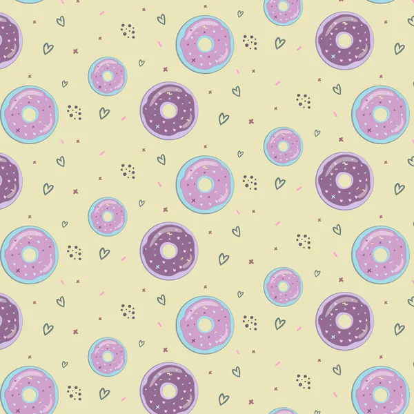 Hipster desen St Valentina'nın gün pembe mavi çörek ile sarı arka plan ve mavi kalp ve pembe çapraz ve mor damla ile