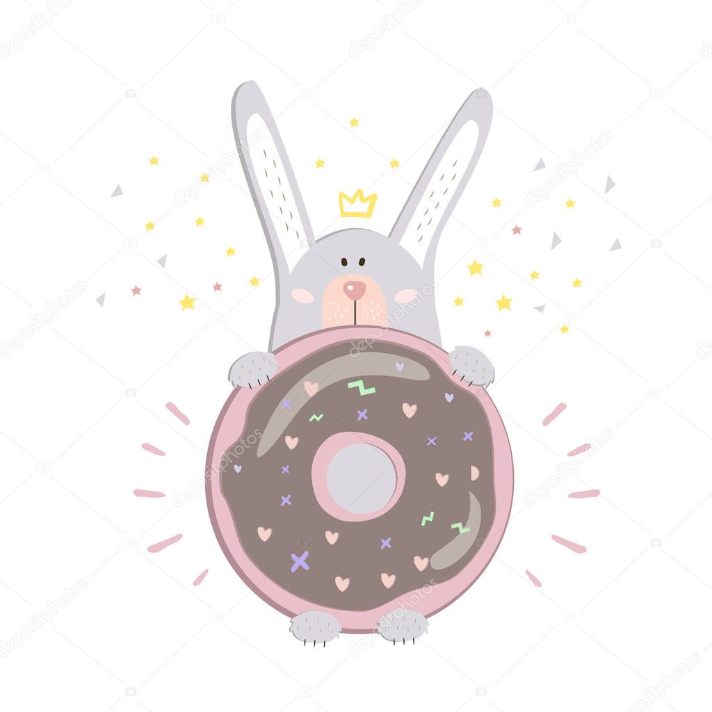 St Valentinas day postcard with cute gray rabbit with pink donut and yellow stars and yellow crown