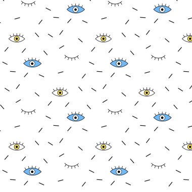 Memphis hipster vektör desen siyah mavi sarı gözlü ve beyaz arka plan üzerinde çizgi ile süsleme