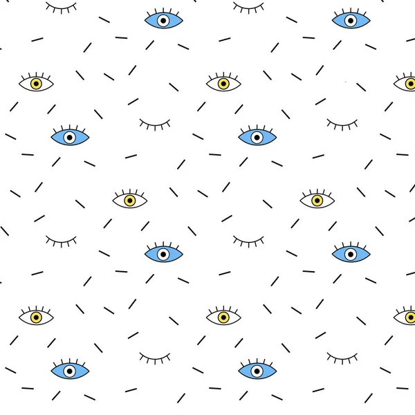 メンフィスのヒップスター ベクトル パターン黒青黄色目と白い背景の上のラインを飾り — ストックベクタ