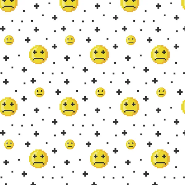 ピクセル アート悲しい黄色笑顔と白い背景に黒い十字パターン飾り — ストックベクタ